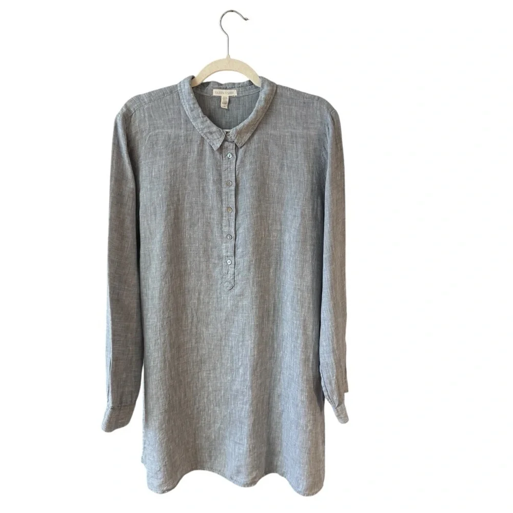 Eileen Fisher Organic Linen Tunic Popover Shirt Dress Chambray Blue‎ Size LG - Picture 11 of 12